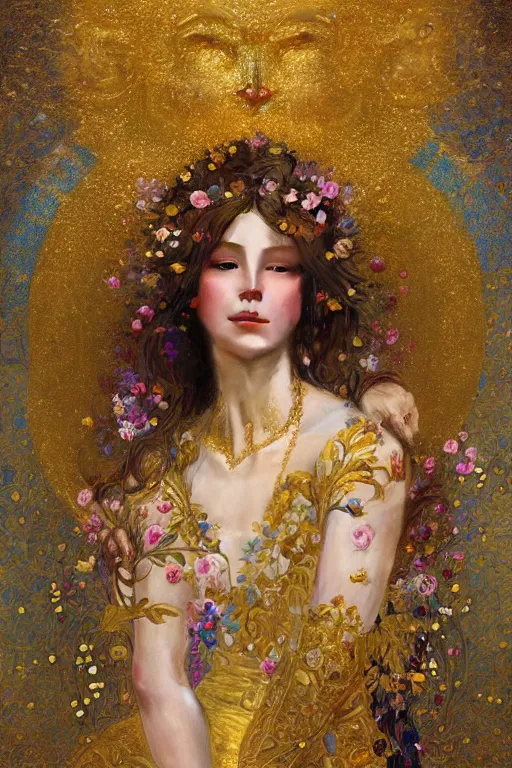 Prompt: an intricate painting of a beautifull young lady surrounded by flowing flower petals klimt golden motives and textures, hyper detailed, ornamental gold headpiece, octane render, vivid colors, artstation, by jeremy mann, by alphonse mucha, by boris vallejo
