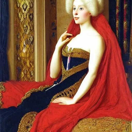 Image similar to a very very beautiful portrait of a young beautiful wealthy princess inside a very beautiful room by Frank Cadogan Cowper, graceful gaze, dreamlike, ethereal, surrealism