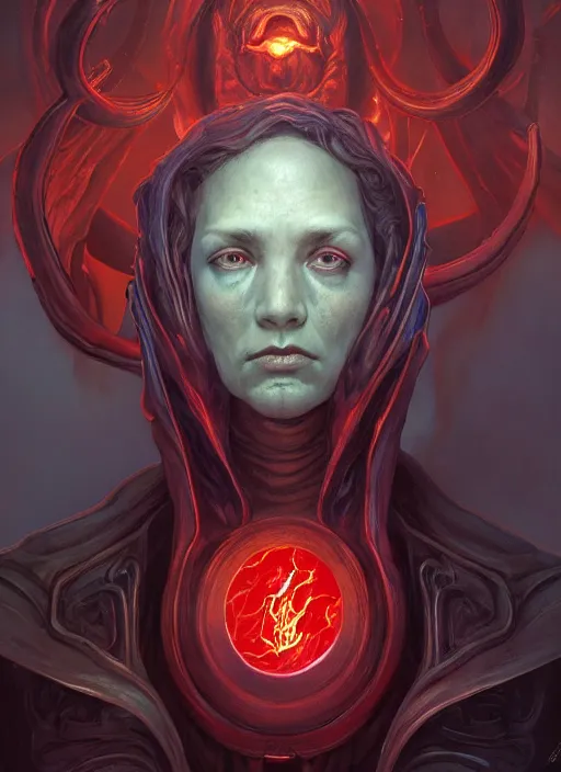 Image similar to Portrait of a Mind Flayer, red glowing eyes, fantasy, extremely detailed, digital painting, artstation, concept art, smooth, sharp focus, illustration, stunning lighting, art by artgerm and greg rutkowski and alphonse mucha and simon stalenhag, realistic character concept, high fantasy, dark atmosphere, golden ratio, cinematic lighting, hyperdetailed, high resolution, insanely detailed and intricate, artstation, Marc Simonetti, Greg Rutkowski, 8k