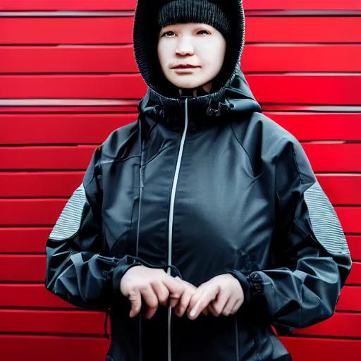 Image similar to photographic portrait of a techwear woman, closeup, on the rooftop of a futuristic city, sigma 85mm f/1.4, 4k, depth of field, high resolution, 4k, 8k, hd, full color