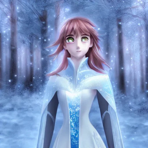 Image similar to portrait focus of knight beautiful 3D anime girl, frozen armor wearing, dark forest background, snowing, bokeh, inspired by Masami Kurumada, digital painting, high contrast, unreal engine render, volumetric lighting, high détail