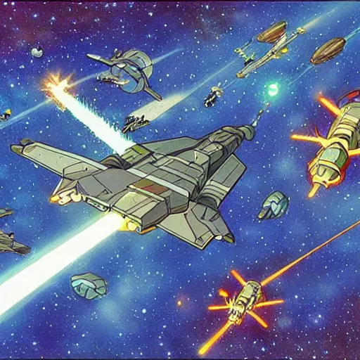 Prompt: an epic space battle between two fleets of starships, digital painting by moebius and studio ghibli