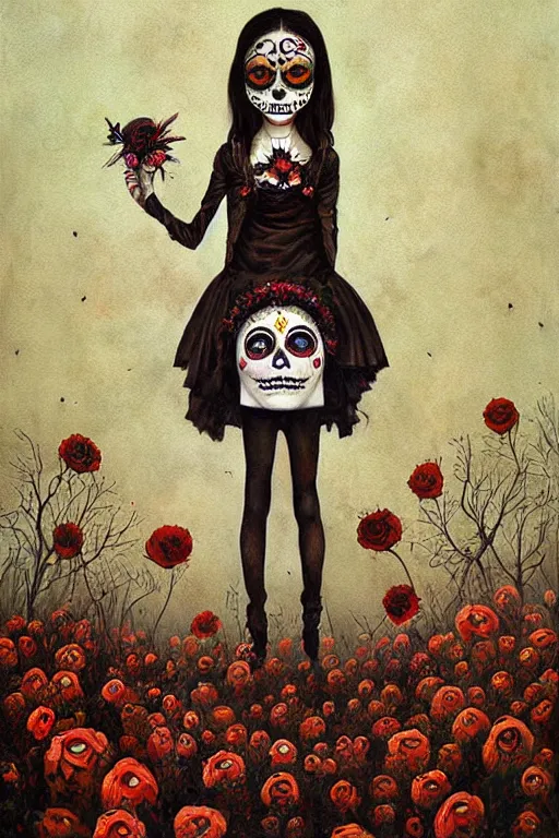 Prompt: Illustration of a day of the dead girl, art by Esao Andrews