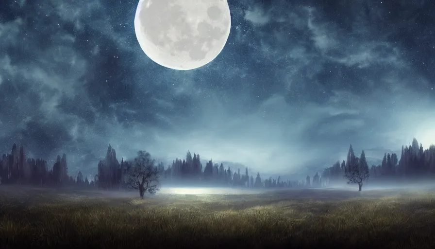 Image similar to a beautiful landscape at dusk, big moon and stars in the sky, matte painting, dark blue tones, concept art, 4k