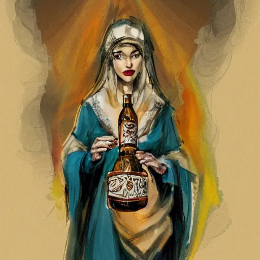 Prompt: a beautiful priestess holding an ornate bottle pouring smoke, concept art