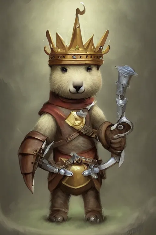 Image similar to cute anthropomorphic Capybara knight wearing a cape and a crown, tiny, small, miniature bear, baby animal, short, pale blue armor, cute and adorable, pretty, beautiful, DnD character art portrait, matte fantasy painting, DeviantArt Artstation, by Jason Felix by Steve Argyle by Tyler Jacobson by Peter Mohrbacher, cinematic lighting