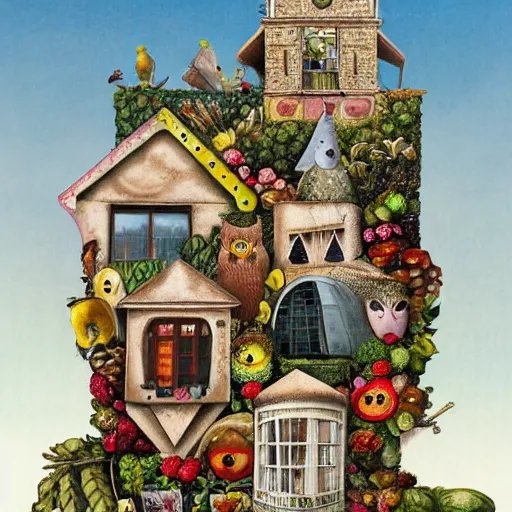 Image similar to a house with a tower, owl, birds, cheese, lowbrow in the style of mark ryden and gioseppo arcimboldo,