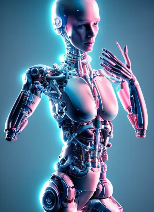 Image similar to photorealistic detailed full body picture of a female cyborg, pretty face, with head arms legs feet and hands, glamour pose, neon lights, humanoid, extreme, uhdr, book called the most influental cyborg in 2 0 5 0, fine details, highly detailed, intricate, smooth sharp focus, symmetrical features, environmental portrait, realistic render