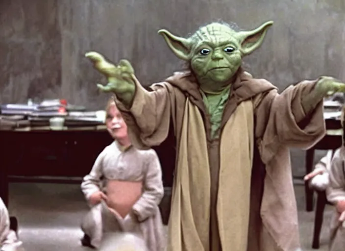 Prompt: a film still of yoda as an oompa loompa teaching a class in harry potter