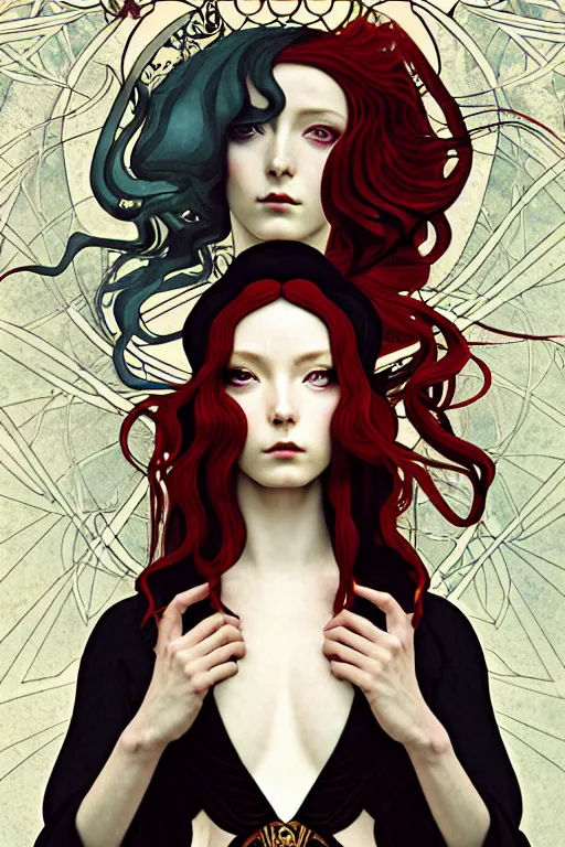 Image similar to a triad of winter muses, style blending æon flux, shepard fairey, botticelli, ivan bilibin, and john singer sargent, inspired by pre - raphaelites, shoujo manga, and harajuku fashion, stark landscape, muted dark colors, superfine inklines, ethereal, otherworldly, 4 k photorealistic, arnold render