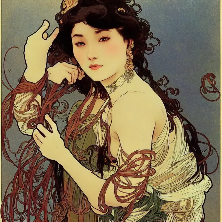 Image similar to beautiful women with oriental faces, character portrait, sharp, digital matte painting, art by alphonse maria mucha