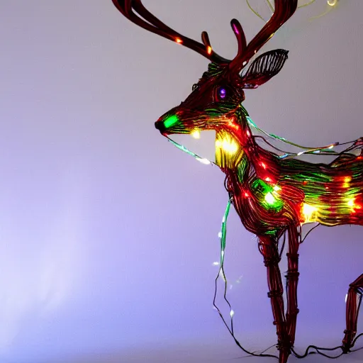 Prompt: Hyperrealistic rendering of a tall fantasy Reindeer sculpture made of wire and Christmas lights, 4k, sigma 35mm