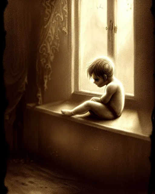 Image similar to creepy child, hopelessness, staring out, sepia, victorian, poor, ultra realistic, concept art, intricate details, cinematic, highly detailed