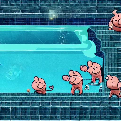 Prompt: photo, two old men fight pig mutants 5 3 1 2 7 inside a swimming pool, highly detailed, scary, volumetric lighting, front view