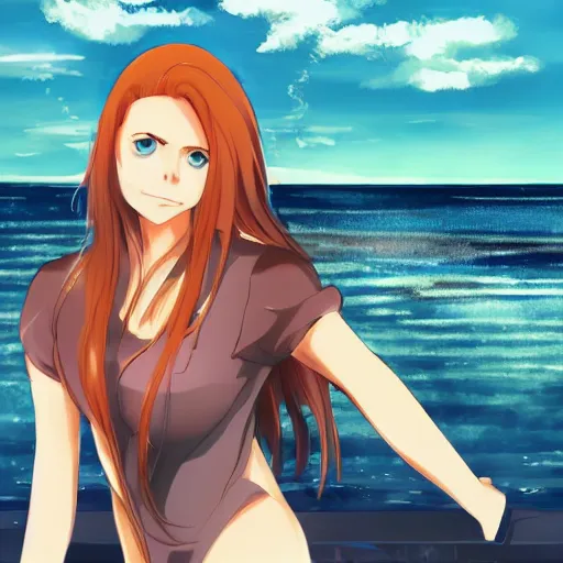 Image similar to one anime girl looking like amy adams, standing on a pier, blue shiny eyes, looking at the camera, cute, the ocean as background at twilight, big moon above the water, colorful, magical, smooth, extremely detailed, devianArt