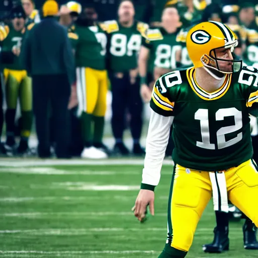 Prompt: Angelinie Jolie as Aaron Rodgers, film poster, cinematic lighting, green bay packers, NFL, 8k HDR, 35mm sideline photograph