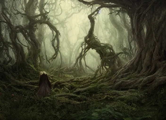 Prompt: secret garden, fallen tree, dark, scary, in the style of pan's labyrinth movie, hyperrealistic, coherent composition, concept art, matte painting, artstation, caspar friedrich, wlop