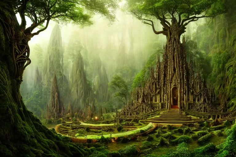 Image similar to a beautiful and highly detailed matte painting of a sacred elven tree temple in a valley in a lush forest in the misty mountains, psychedelic, celtic, intricate details, epic scale, insanely complex, 8 k, sharp focus, photorealism, artstation, cgsociety, by caspar friedrich, albert bierstadt, james gurney, brian froud,