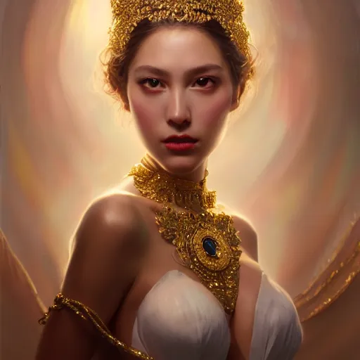 Image similar to expressive oil painting, of alluring european princess, seductive look, smooth glowing skin, glistening body, love, adoration, ornate headpiece made from beads, glamour shot, by yoshitaka amano, by greg rutkowski, by jeremyg lipkinng, by artgerm, digital art, octane render, white dress