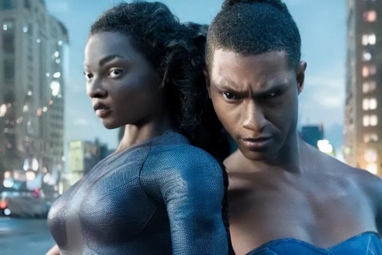 Image similar to movie powerful mutant heroes interracial couple closeup, DC Marvel fashion, VFX powers at night in the city, city street, beautiful skin, natural lighting by Emmanuel Lubezki