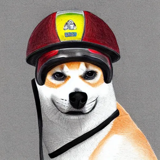 Prompt: A drawing of a Shiba Inu dog wearing a soldier's helmet, color