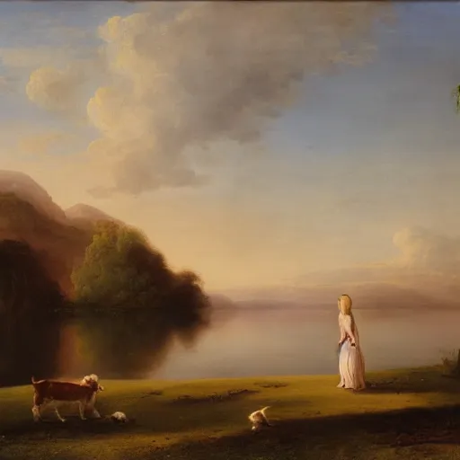 Image similar to a beautiful girl with a beautiful face wearing white dress, a dog, john martin landscape, lake, evening