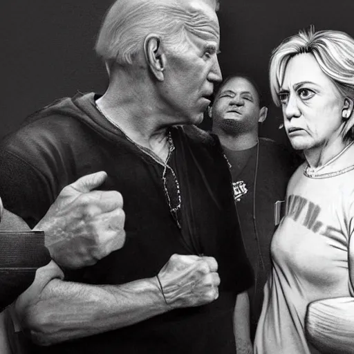 Image similar to joe biden as a junkie crackhead in a crack house with black eyes and crying hilary clinton and bill cosby as her pimp, hyperrealism photo - realistic photography volumetric lighting enchantingly beautiful photography