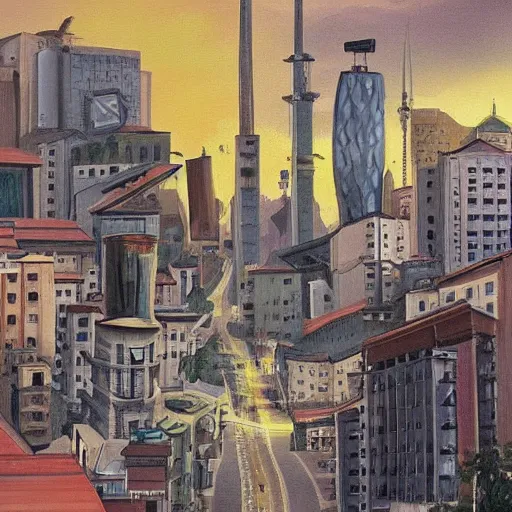 Prompt: painting of sarajevo in year 3 0 0 0, futuristic architecture