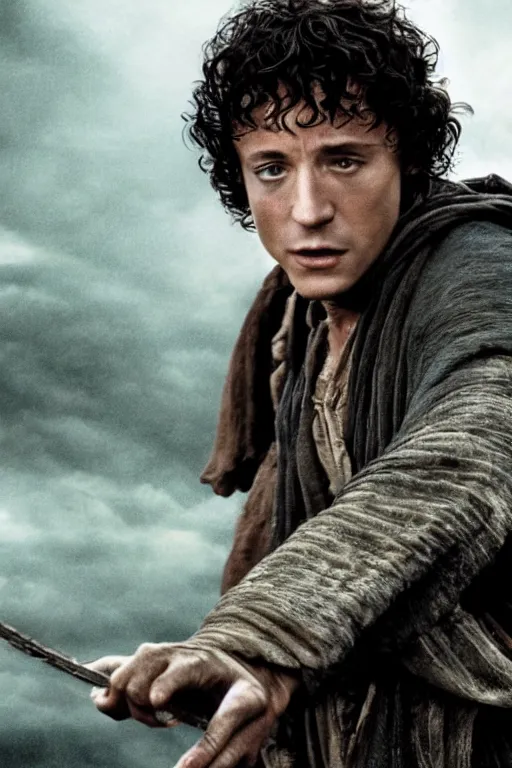 Image similar to film still of bruce springsteen as frodo baggins in lord of the rings movie, glamour pose, dramatic lighting, octane, volumetric lighting, 8 k