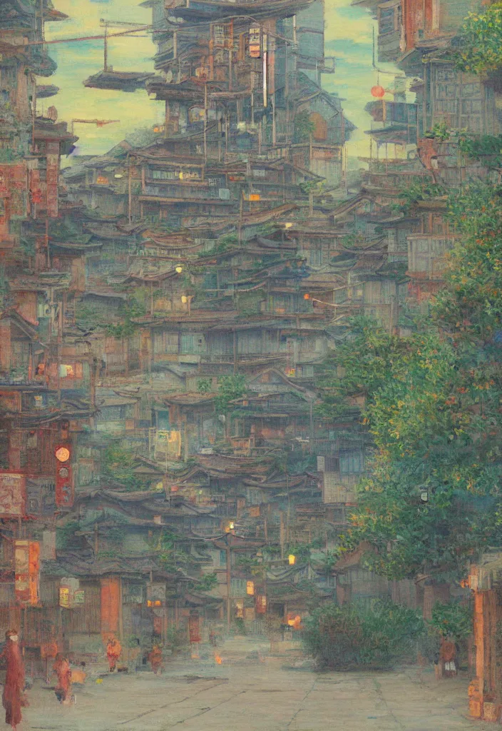 Image similar to a beautiful japanese city near the sea, amazing ryokans and gorgeous edo era houses, epic cyberpunk, lofi vibe, colorful, vivide colors, oil painting in impressionist style, by jeremy lipkin, by claude monet, by makoto shinkai, multiple brush strokes, inspired by ghibli, masterpiece, beautiful