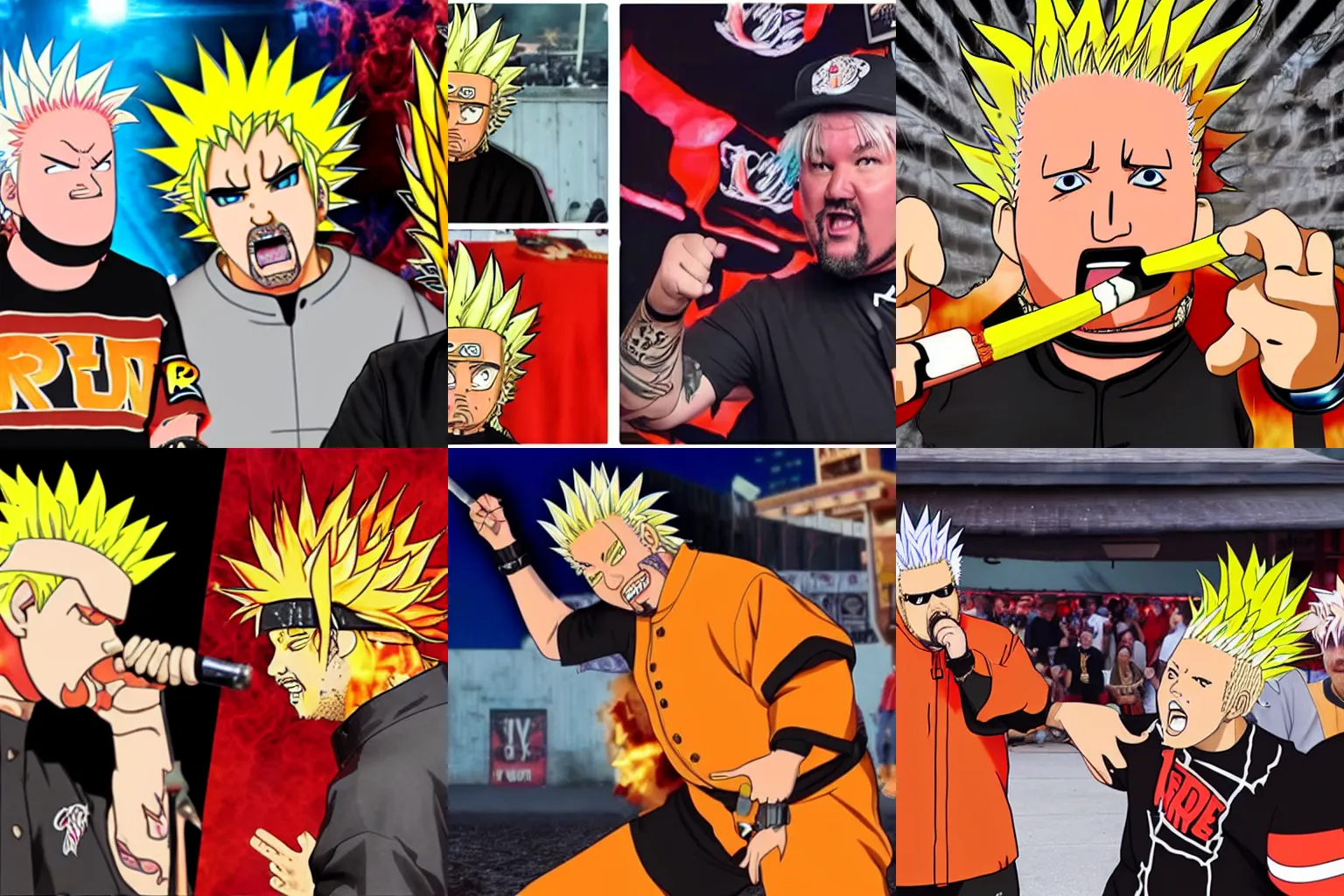 Prompt: Guy Fieri vs Naruto Rap battle 8k hyper realistic