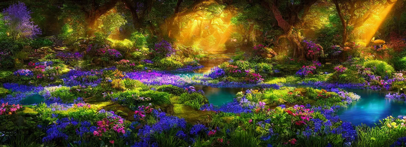 Image similar to photograph of enchanted garden, blue pond in the middle, with rays of light, flowers with intricate detail, by marc adamus, highly detailed, intricate detail, cinematic lighting