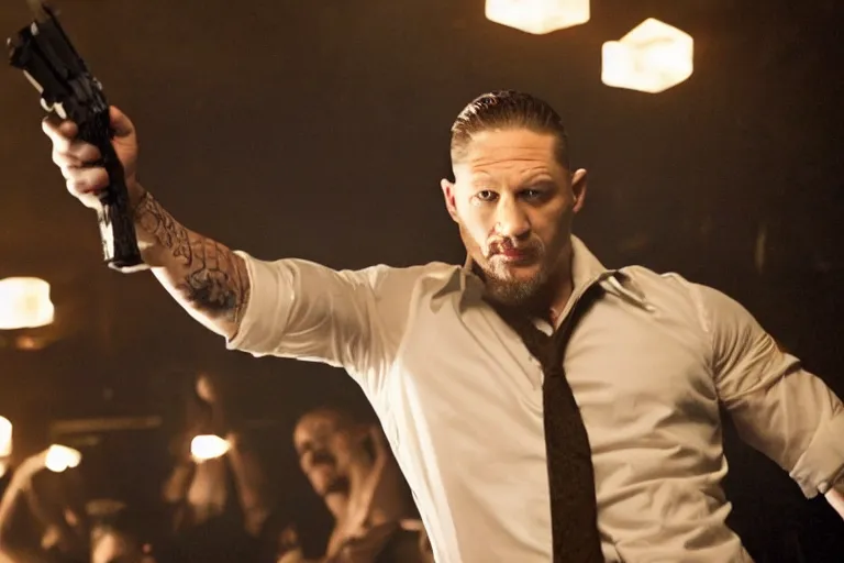 Prompt: film still of Tom Hardy as Max Payne in a nightclub with bright contrasting strobe lights in the Max Payne movie, 4k