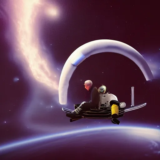 Image similar to Space Cowboy and Astronaut sitting on a chair in space while looking at a black hole, highly detailed, psychedelic, hyper-realism, blender