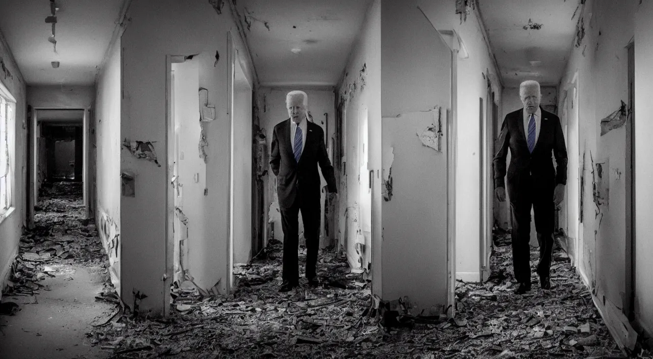 Image similar to unnerving and dark 4 k photograph of joe biden standing deep in the creepy hallways of an abandoned insane asylum