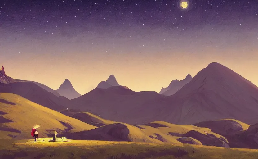 Prompt: mountains, stars and paisley filled sky, artstation, intricate, highly detailed, digital painting, concept art, sharp focus, illustration by Edward Hopper and Simon Stalenhag