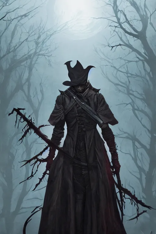 Image similar to bloodborne hunter, full body, big two toned eyes, ghosts, horror, intricate details, cinematic, epic, realistic, anatomy, tomer hanuka, uplight, artstation, photorealistic, scary