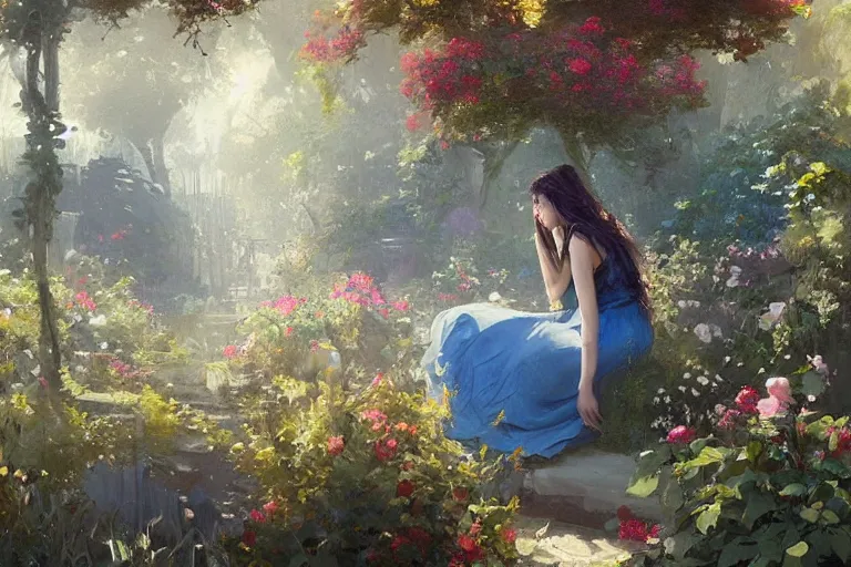 Image similar to a beautiful painting of blue roses garden, girl, by greg rutkowski, trending on artstation