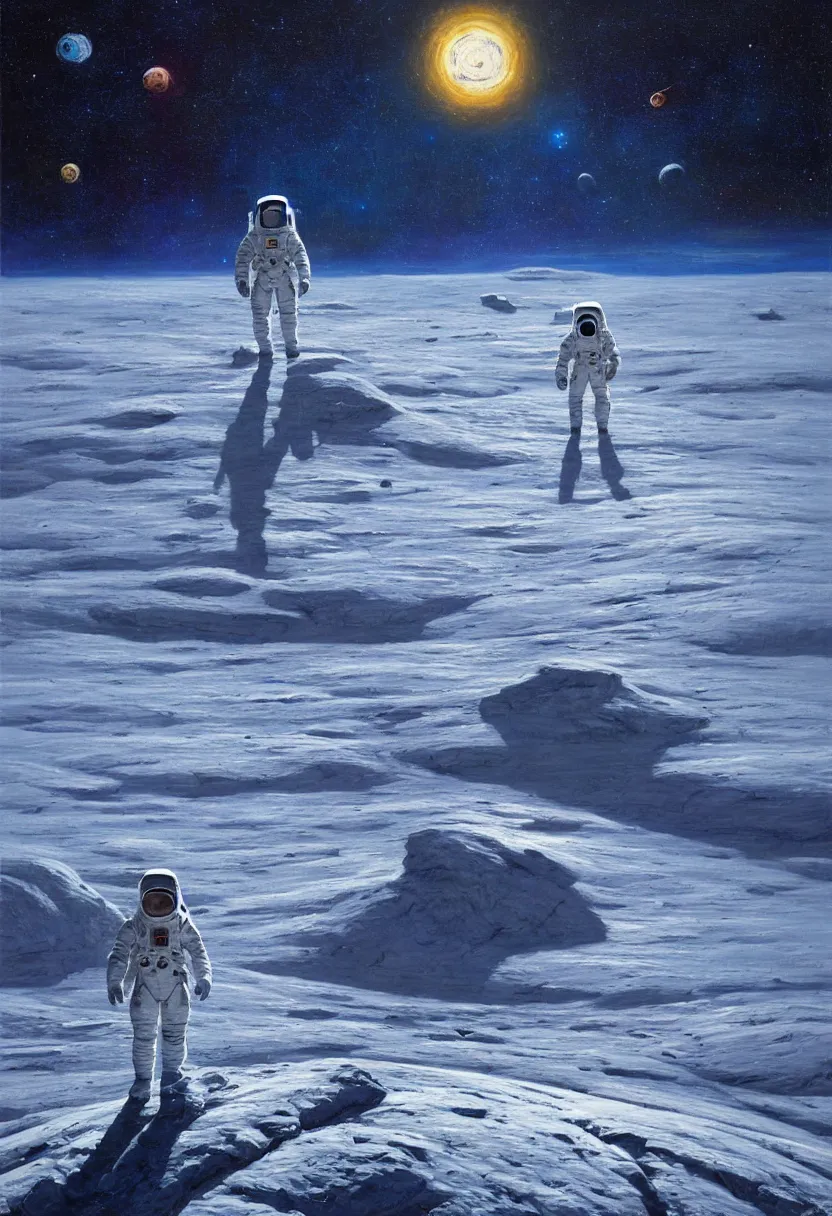 Image similar to an epic painting of a futuristic solitary astronaut walking along an airless icy planet in the endless starry night of space, unreal 5, DAZ, detailed, soft focus, brilliant, 4k, 8k, HD, trending on artstation, art by Rick Guidice painting by Robert McCall by John Harris, abstract