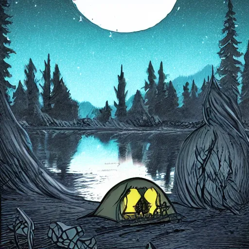 Prompt: a tent by the river in the deep, remote woods by tim doyle, from nightmare before christmas | detailed | elegant | trending on artstation