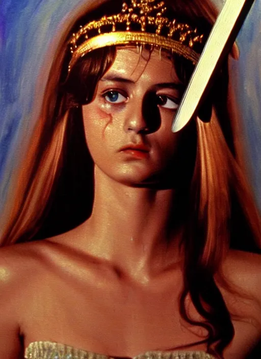 Image similar to 1971 film still from an Italian drama film of a young French actress as the goddess of razor blades. ultra detailed painting at 16K resolution and amazingly epic visuals. epically beautiful image. amazing effect, image looks gorgeously crisp as far as it's visual fidelity goes, absolutely outstanding. vivid clarity. ultra. iridescent. mind-breaking. mega-beautiful pencil shadowing. beautiful face. Ultra High Definition. godly shading. amazingly crisp sharpness. photorealistic film cel processed twice..