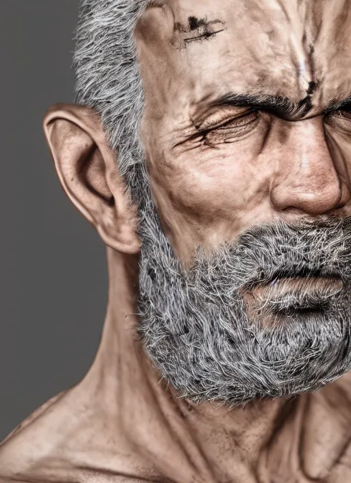 Image similar to a portrait picture of a rough looking middle - aged man, crew cut, brown hair, rugged good looks, serious face, stubble beard, scar on the cheek, highly detailed, digital art, realistic, 4 k, studio lighting, trending on artstation