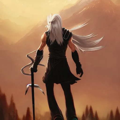 Prompt: sephiroth as mario , realistic, ultra detailed, menacing, powerful, dark, golden hour, forest, mountains in the background concept art Ross Tran