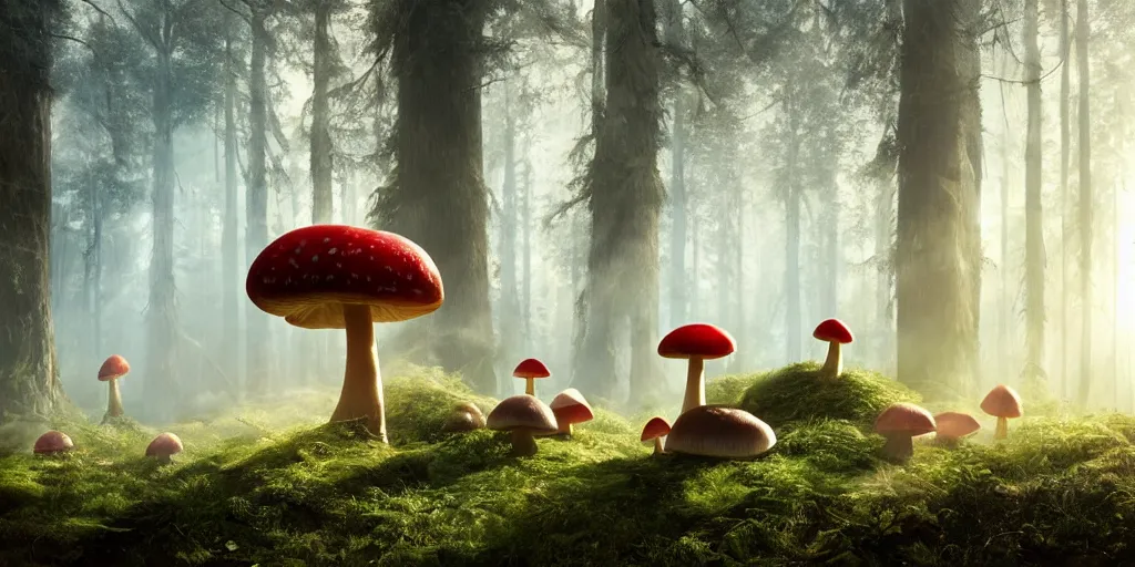 Image similar to Photo by Filip Hodas of the cinematic view of the Forest of the Giants, various giant mushrooms, some little mushrooms on the floor, A very big red mushroom with white spots, photorealism, a few sun ray of lights falling with dust, photo taken with canon 5D