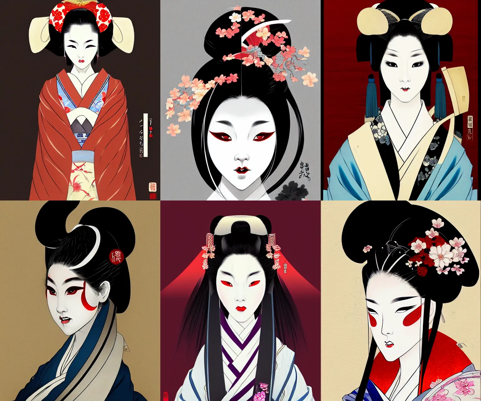 Prompt: portrait of a geisha, beautiful, elegant, artstation, deviantart, behance, concept art, smooth, focus, inspired by kabuki comic, by david w. mack