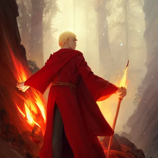 Prompt: middle adged blonde male elf wizard in red robes, surrounded by fire, epic wallpaper, high fantasy, trees, intricate detail, digital painting, artstation, concept art, smooth, sharp focus, illustration, art by greg rutkowski and wlop and raymond swanland and ross tran