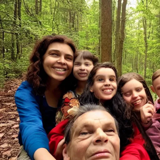 Image similar to a selfie by a neanderthal woman and her family in a forest