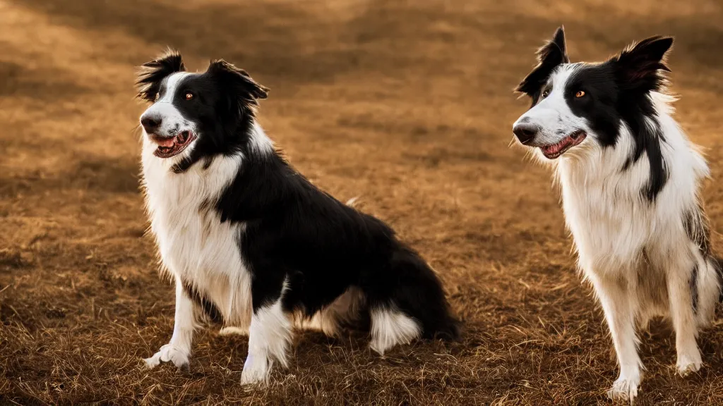 Image similar to Border Collie, splash art, movie still, cinematic lighting, dramatic, octane render, long lens, shallow depth of field, bokeh, anamorphic lens flare, 8k, hyper detailed, 35mm film grain