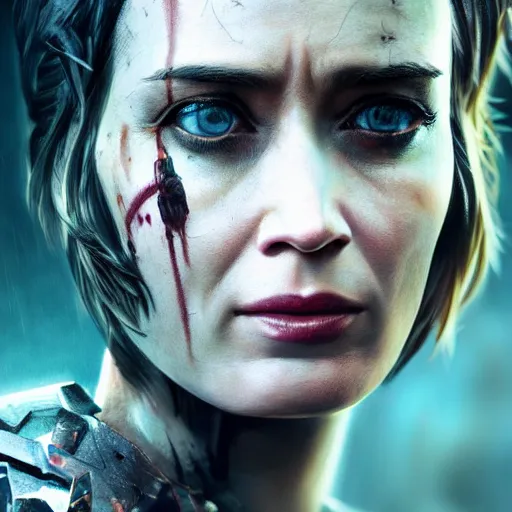 Image similar to emily blunt portrait, dystopia core, apocalyptic, armor, warrior, dramatic, sharp focus, fiction, neon, fantasy, hyper detailed, digital art, trending in artstation, cinematic lighting, studio quality, smooth render, unreal engine 5 rendered, octane rendered, art style and nixeu and wlop and krenz cushart