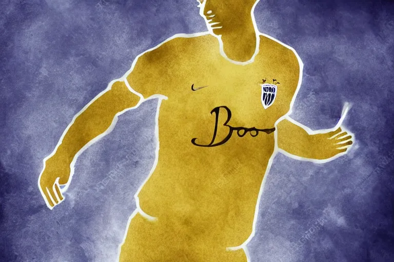 Image similar to beautiful serene soccer player, healing through motion, minimalistic golden ink airbrush painting on white background